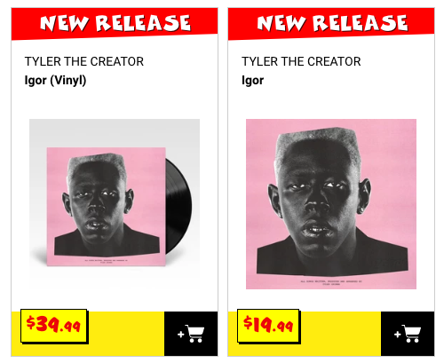 JB Hi-Fi website showing the album Igor by Tyler The Creator on sale for $39.99 on vinyl and $19.99 on compact disc.