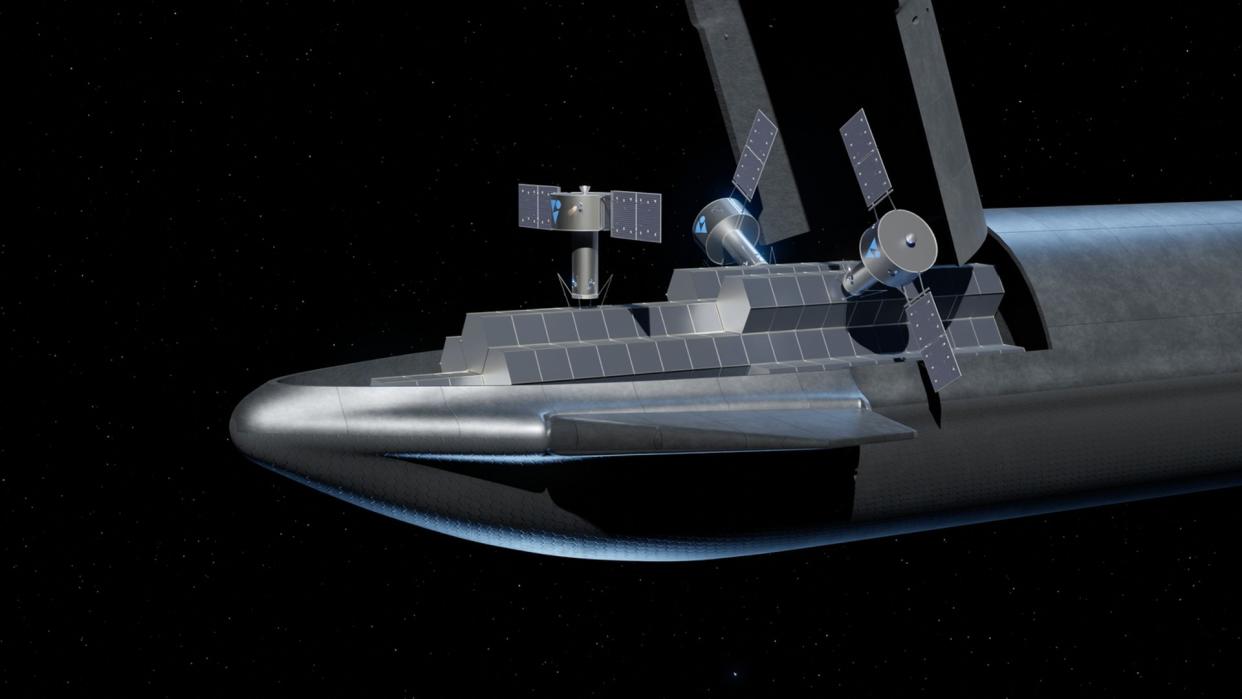  A spacecraft opens up in orbit to reveal several smaller satellites inside covered in large solar panels. 