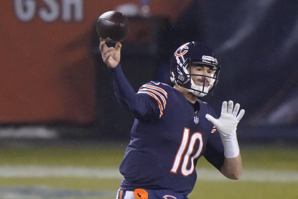 Chicago Bears' Mitchell Trubisky thorws a pass during the second half of an NFL football game against the Green Bay Packers Sunday, Jan. 3, 2021, in Chicago. (AP Photo/Nam Y. Huh)