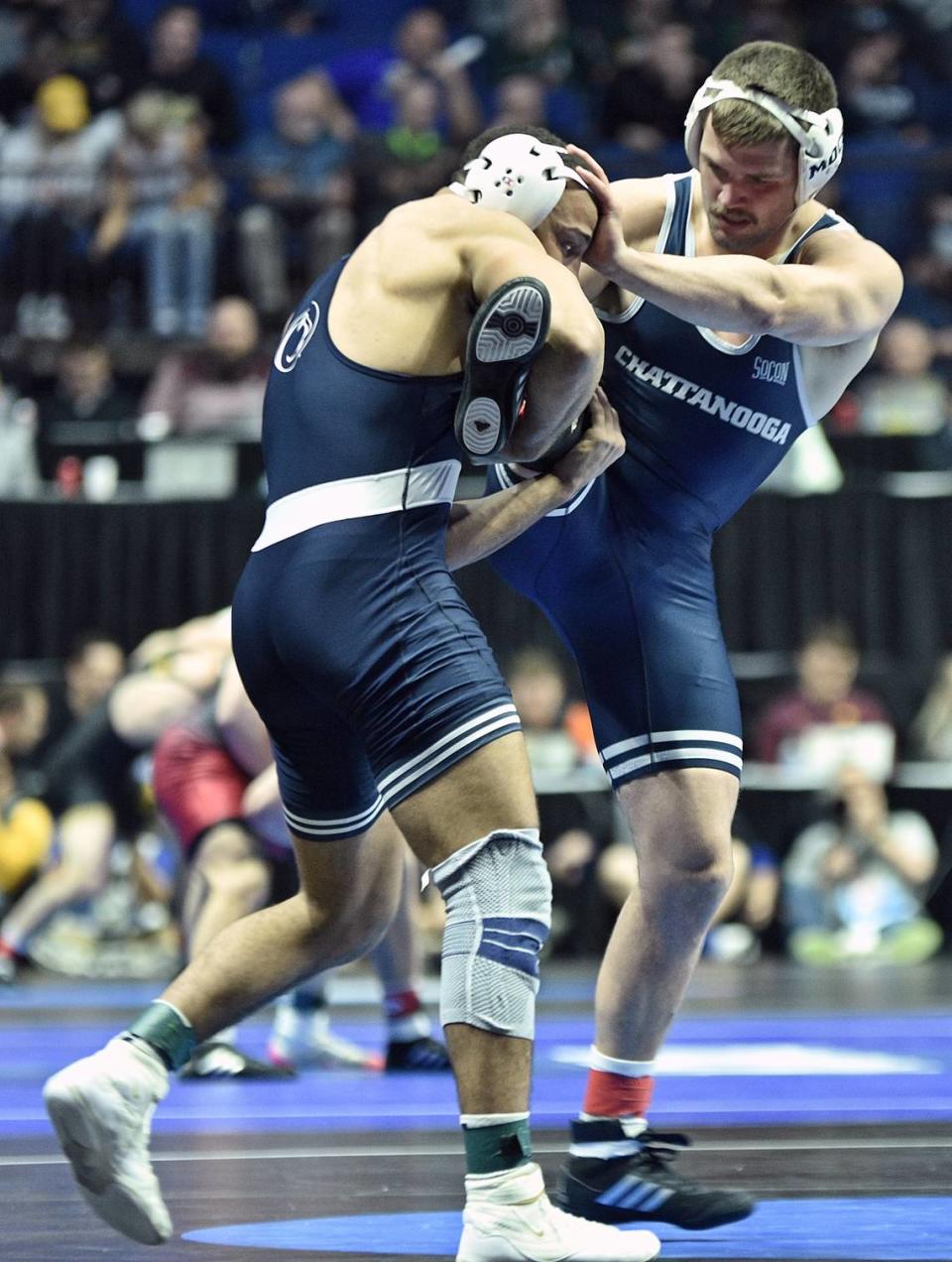 Penn State’s Aaron Brooks aims to finish off a takedown of Chattanooga’s Matthew Waddell in their 184-pound first round match of the NCAA Championships on Thursday, March 16, 2023 at the BOK Center in Tulsa, Okla. Brooks picked up a 13-4 win over Waddell.