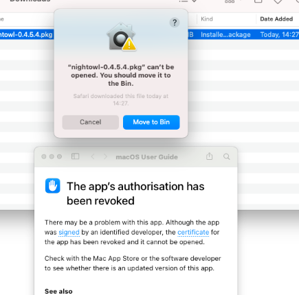 The NightOwl app’s certificate has been revoked, meaning users can no longer open it. That being said, you could delete the app from your Mac as soon as possible.