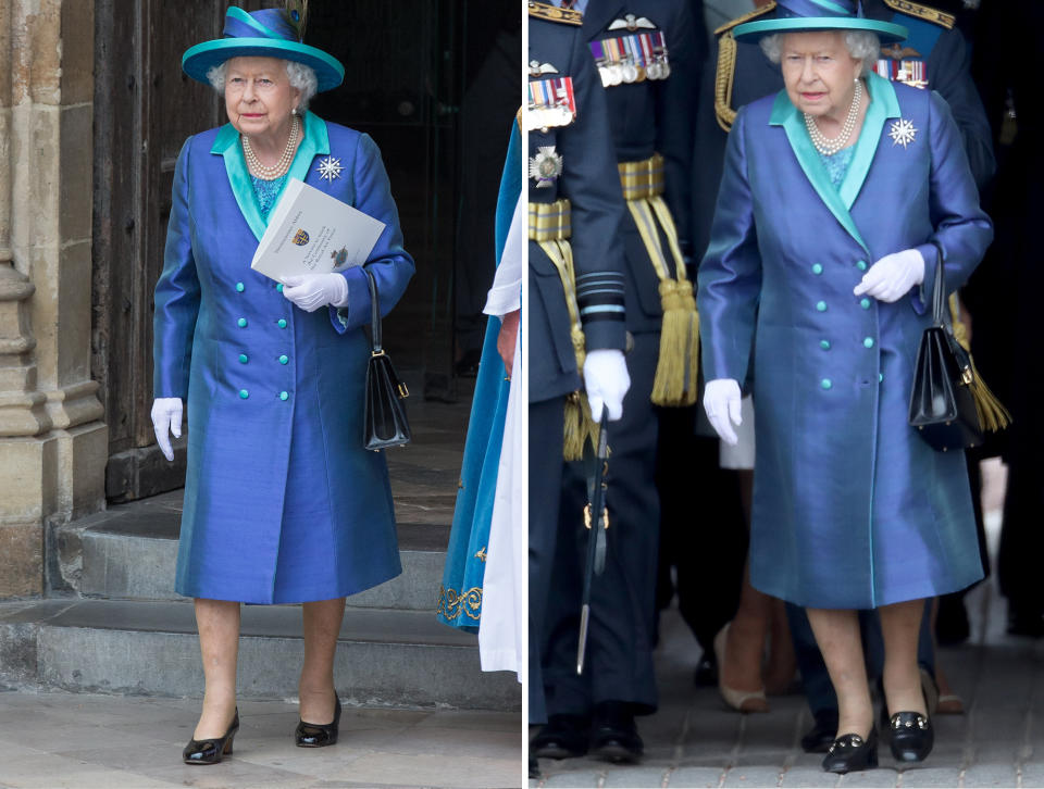 Queen Elizabeth II kicked off a day of engagements in a pair of patent leather heels, but switched into her comfortable favourites later on in the day. <i>(Getty Images)</i>