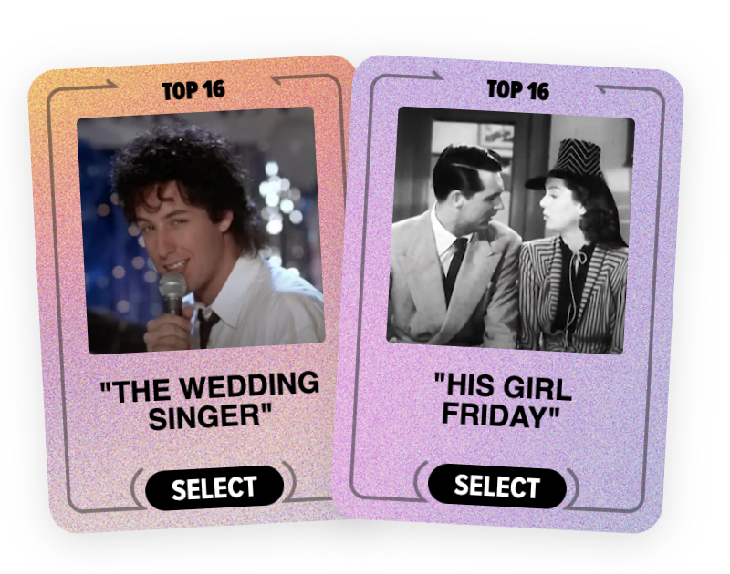 Cards featuring movie scenes: "The Wedding Singer" with Adam Sandler and "His Girl Friday" with Cary Grant and Rosalind Russell