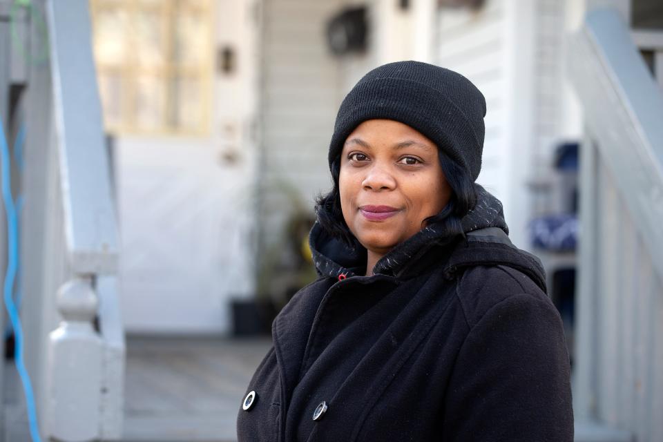 Lanece Ferguson, who was priced out of her affordable rental in Asbury Park in 2019 because city officials failed to properly monitor mandatory rental caps for private rental properties that took part in a city affordable housing rehabilitation program, talks about her experience outside of her current apartment in Asbury Park, NJ Tuesday, January 25, 2022. 