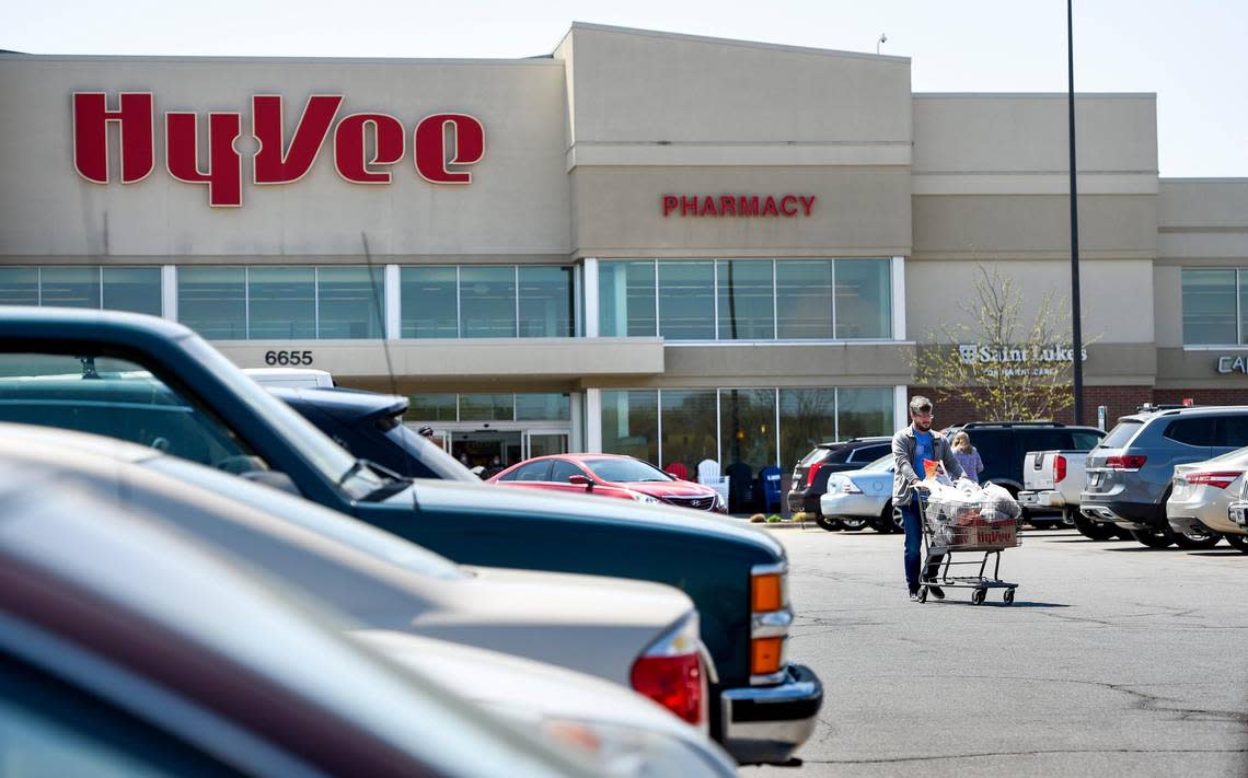 There was no shortage of cars and shoppers at the Hy-Vee grocery store, 6655 Martway St., on Saturday, April 11, 2020, in Mission, Kansas. Grocery shopping is essential and allowed under the stay-at-home order. CORONAVIRUSKC