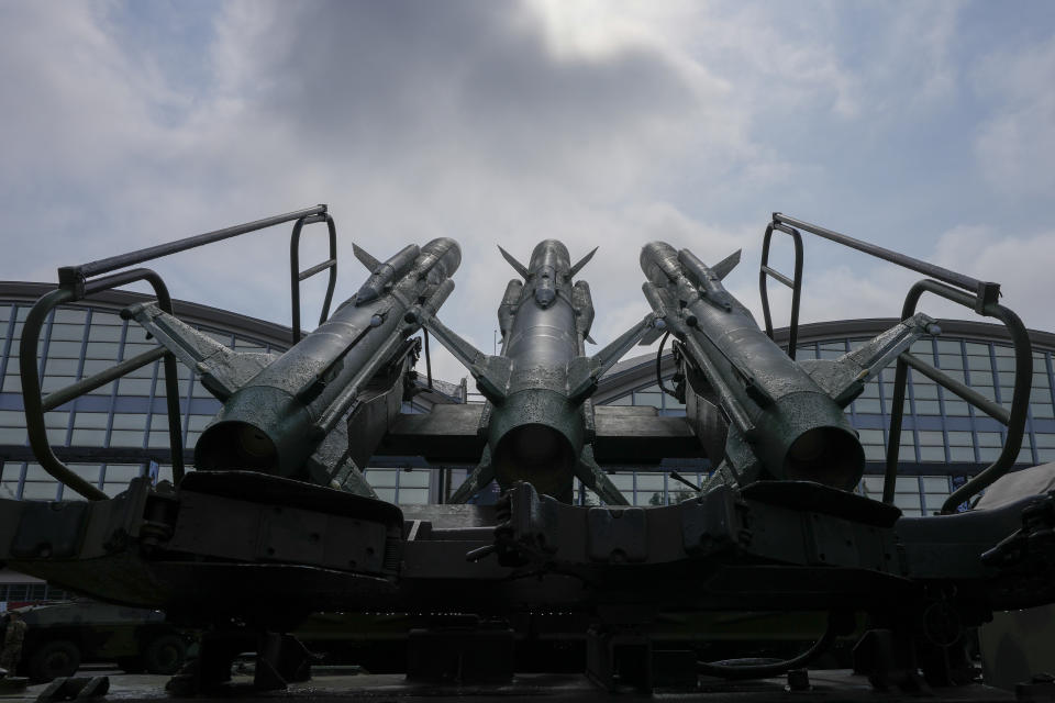 An anti-aircraft rocket system is displayed at the 11th International Armament and Military Equipment Fair – PARTNER 2023, in Belgrade, Serbia, Monday, Sept. 25, 2023. (AP Photo/Darko Vojinovic)