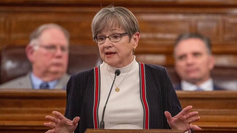PHOTO: Kansas Governor Laura Kelly speaks during the State of the State address at the Kansas State Capital on Jan. 10, 2024, in Topeka, Kan. (Emily Curiel/The Kansas City Star/Tribune News Service via Getty Images, FILE)