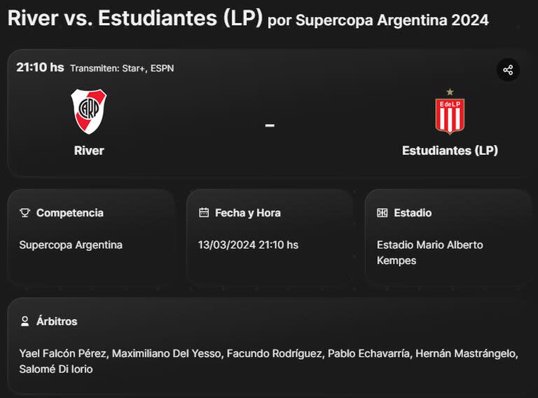 La ficha del partido entre River Plate y Estudiantes de La Plata, por la Supercopa Argentina