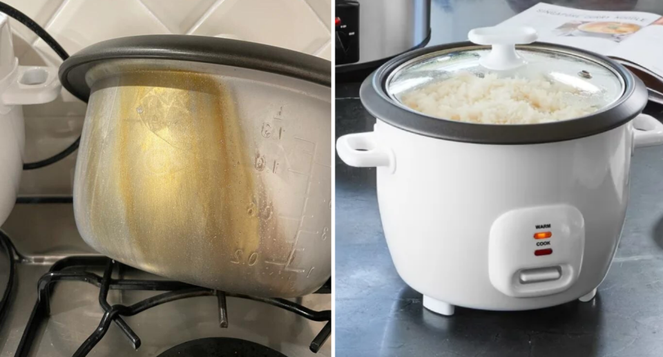 The image on the left is someone else's burnt Kmart red bean paste 7 cup rice cooker. The image on the right shows the rice cooker in use.