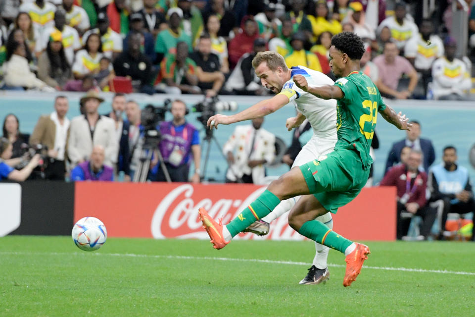 AL KHOR, QATAR - DECEMBER 4: Harry Kane of England scores the second goal to make it 2-0  during the  World Cup match between England  v Senegal at the Al Bayt Stadium on December 4, 2022 in Al Khor Qatar (Photo by Dale MacMilan/Soccrates/Getty Images)