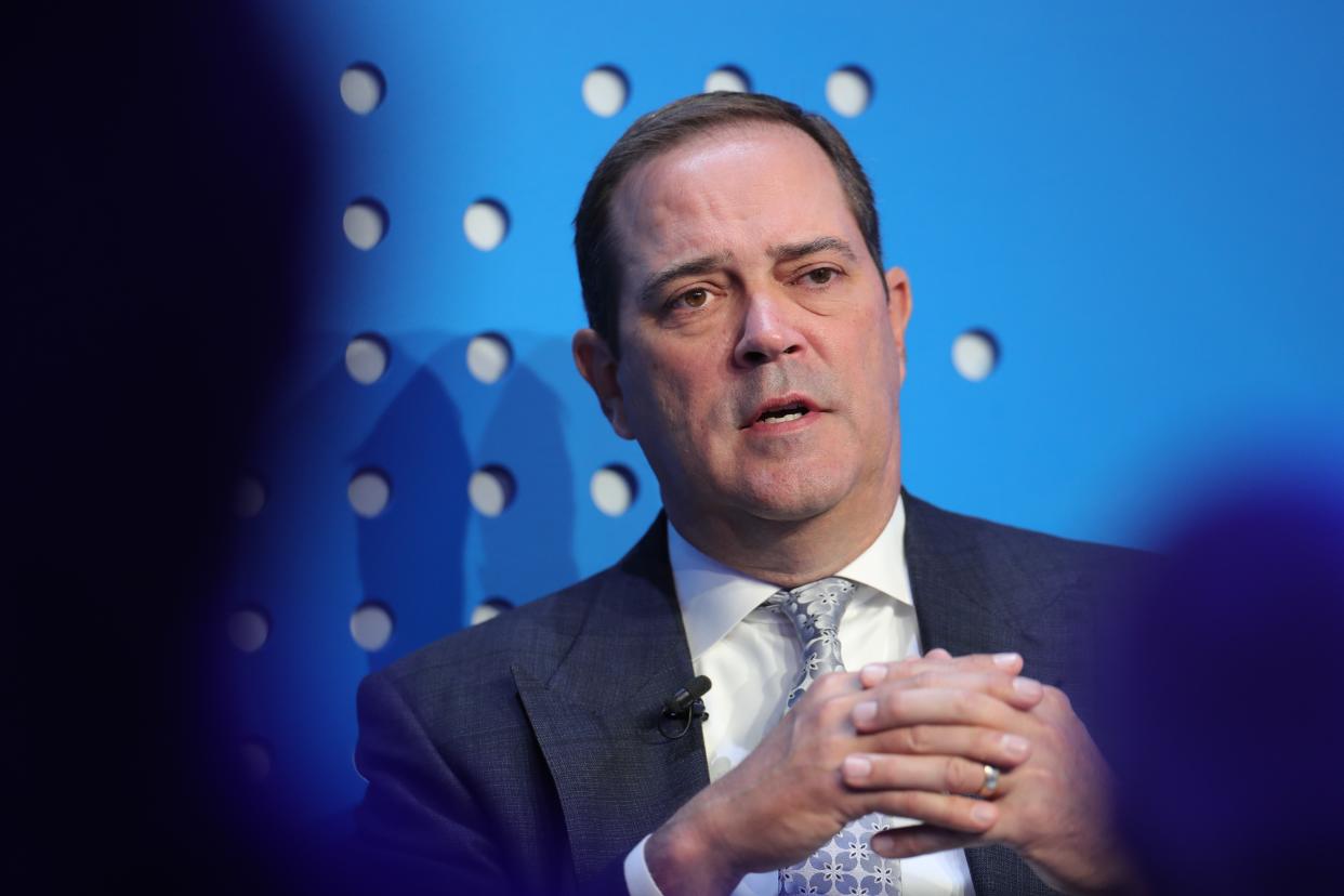 Chuck Robbins, CEO of Cisco, attends a session during the World Economic Forum WEF 2022 Annual Meeting in Davos, Switzerland, May 25, 2022. The WEF Annual Meeting 2022 is held here from May 22 to 26. (Photo by Zheng Huansong/Xinhua via Getty Images)