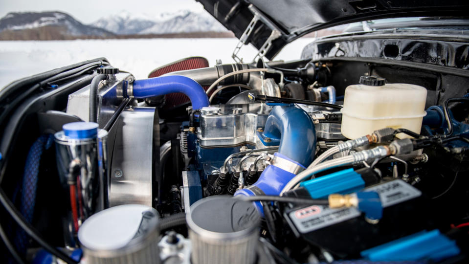 The 5.9-liter Cummins inline-six, 24-valve, P-pump diesel engine inside a 1975 Ford F-250 restomod.