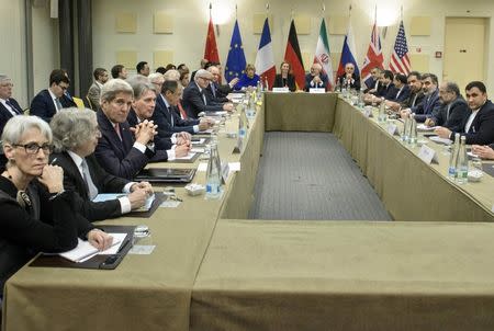 U.S. Under Secretary for Political Affairs Wendy Sherman (L), U.S. Secretary of Energy Ernest Moniz (2nd L) and U.S. Secretary of State John Kerry (3rd L) wait to start a meeting with P5+1, European Union and Iranian officials as part of talks on Iran's nuclear program at the Beau Rivage Palace Hotel in Lausanne March 30, 2015 . REUTERS/Brendan Smialowski/Pool