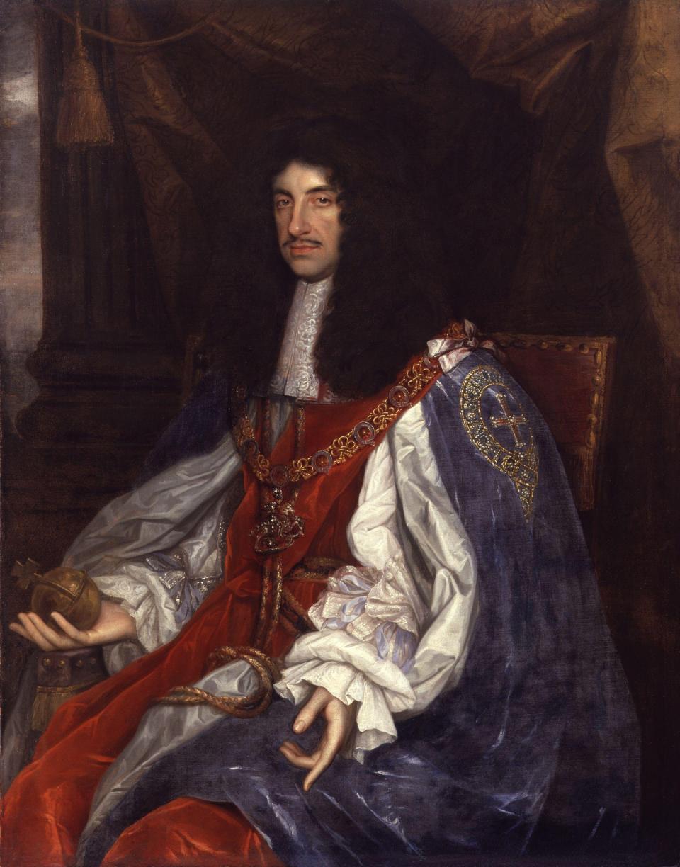 “Portrait of Charles II in Garter Robes” by John Michael Wright, circa 1663, when the king gave the Lords Proprietors the Province of Carolina.  Painting held by National Portrait Gallery, London.