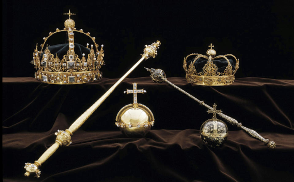 FILE - This file image made available on Wednesday Aug. 1, 2018 by the Swedish Police, shows a collection of Swedish Crown jewels that were stolen from Strangnas cathedral. In a daring daytime heist, thieves in Sweden smashed glass show cases inside a cathedral and snatched 17th-century royal treasures estimated to be worth 65 million kronor ($7 million). A brazen burglary on Monday Nov. 25, 2019 from Dresden’s Green Vault, one of the world’s oldest museums, holding priceless treasures is another in a long history of daring European heists over the years. (Swedish Police via AP, File)