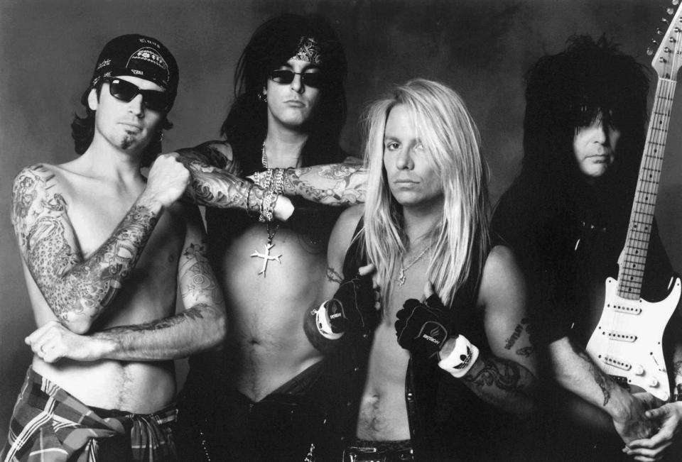 Tommy Lee, left, Nikki Sixx, Vince Neil and Mick Mars of rock group Mötley Crüe.