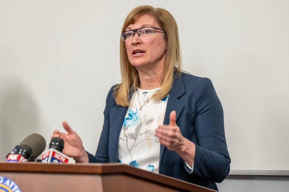 Jackson County Prosecutor Jean Peters Baker answers questions from the media during a press conference at the Jackson County Courthouse on Tuesday, Feb. 20, 2024, in Kansas City. The press conference addressed charges outlined by the prosecutor’s office against two men accused in the mass shooting that occurred after the Chiefs Super Bowl victory rally at Union Station last week.