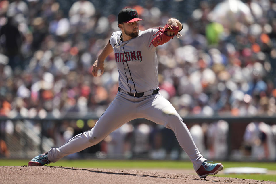 Arizona Diamondbacks pitcher Slade Cecconi works against the San Francisco Giants during the first inning of a baseball game in San Francisco, Sunday, April 21, 2024. (AP Photo/Jeff Chiu)