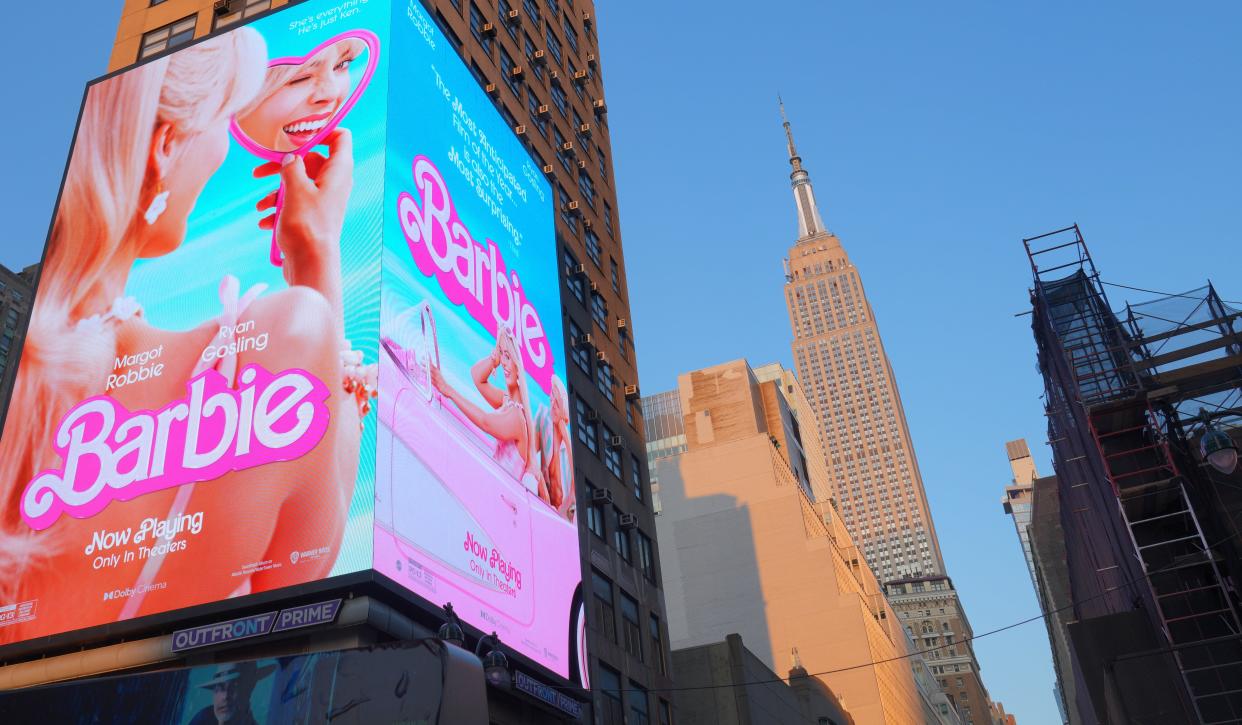 A digital advertisement board displaying a Barbie movie poster is seen in New York City on July 24, 2023.  / Credit: Selcuk Acar/Anadolu Agency via Getty Images