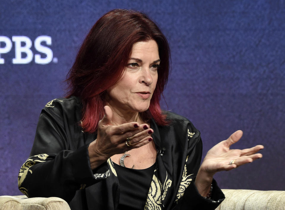 FILE - In this July 29, 2019, file photo, Rosanne Cash, a participant in the upcoming PBS documentary series "Country Music," answers a reporter's question during a panel discussion during the 2019 Television Critics Association Summer Press Tour at the Beverly Hilton in Beverly Hills, Calif. Cash's latest honor is a medal previously awarded to Toni Morrison, Stephen Sondheim and Georgia O'Keeffe among others. The singer-songwriter is this year's winner of the Edward MacDowell Medal, presented by the MacDowell artist colony, which announced the prize Sunday, May 17, 2020. (Photo by Chris Pizzello/Invision/AP, File)