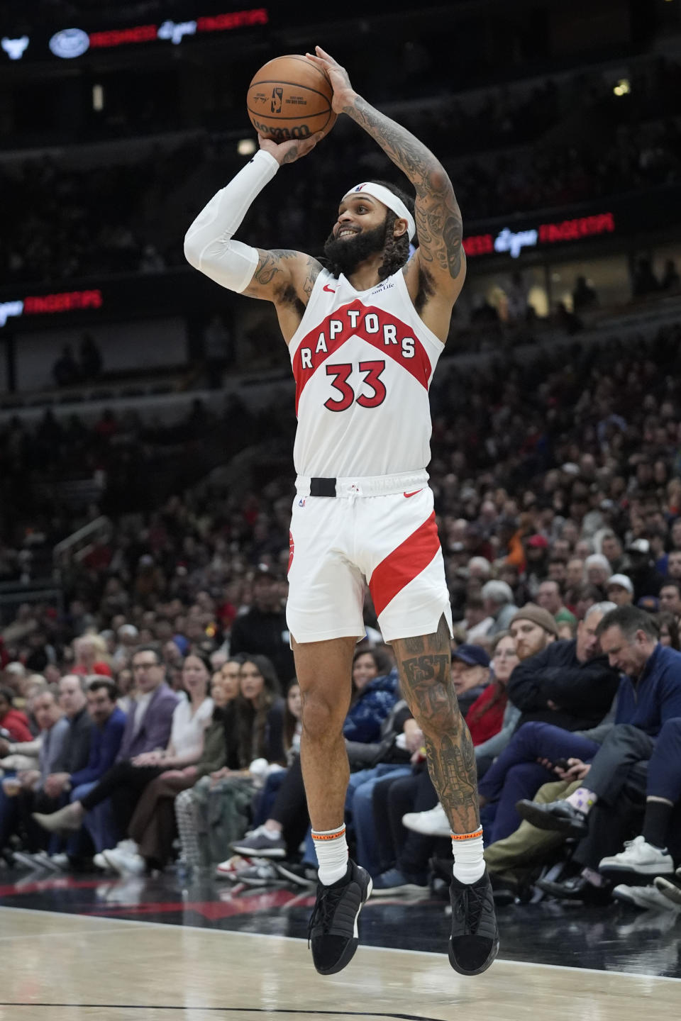 Toronto Raptors guard Gary Trent Jr. sinks a three-point shot during the second half of an NBA basketball game against the Chicago Bulls, Tuesday, Jan. 30, 2024, in Chicago. Toronto won 118-107. (AP Photo/Erin Hooley)