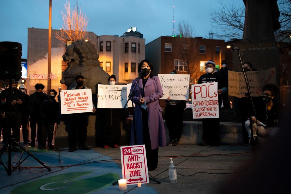 Councilmember Helen Gym address community members during a vigil to mourn and confront the rising violence against Asian Americans Wednesday, March 17, 2021 at the 10th Street Plaza in Philadelphia, Pa. The vigil was held following a mass shooting in Atlanta that killed eight people, six of them women of Asian descent.