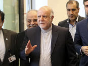 Iran's Minister of Petroleum Bijan Namdar Zangeneh arrives prior to the start of a meeting of the Organization of the Petroleum Exporting Countries, OPEC, at their headquarters in Vienna, Austria, Thursday, Dec. 6, 2018. (AP Photo/Ronald Zak)