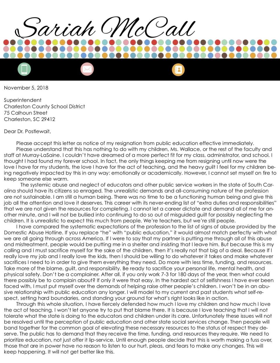 South Carolina Teacher Sariah McCall wrote an emotional resignation letter to the Charleston County School District on Nov. 5, 2018. (Credit: Sariah McCall)