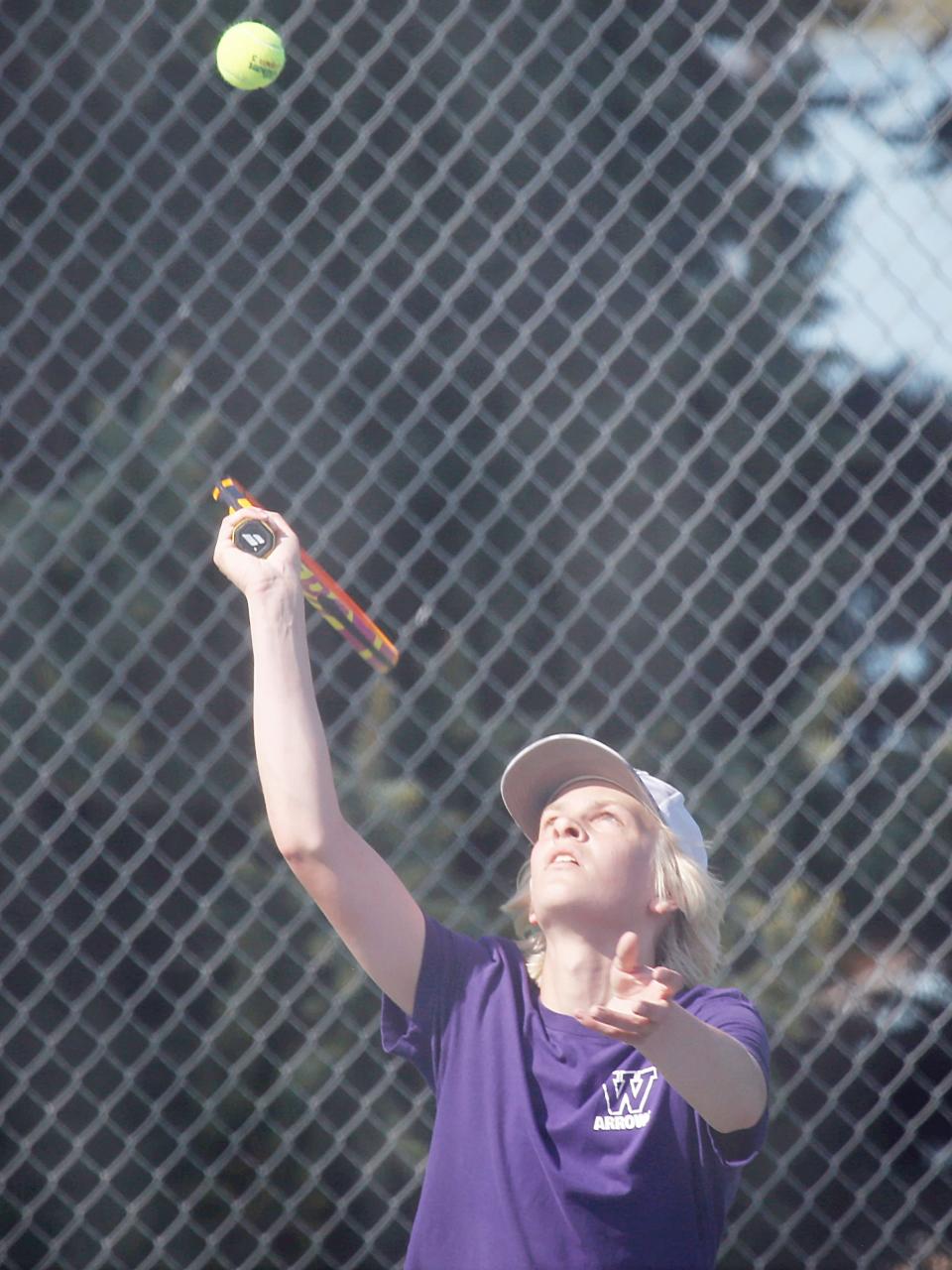 Watertown's Joey Meester serves the ball in a sixth-flight singles during the Eastern South Dakota Conference boys tennis tournament on Tuesday, May 9, 2023 in Mitchell.