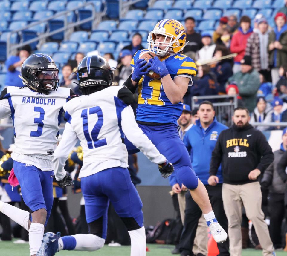  Hull's John Gianibas, makes a catch the Division 8 Super Bowl at Gillette Stadium versus Randolph  on Wednesday, Dec. 1, 2021.  
