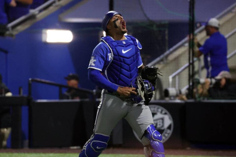 Kentucky’s Devin Burkes celebrates a strikeout in Sunday’s night’s super-regional victory against Oregon State at Kentucky Proud Park.