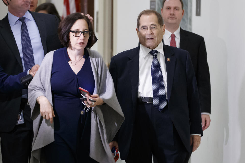 House Judiciary Committee Chairman Jerrold Nadler, of N.Y., front right, arrives for a mock hearing on Capitol Hill, Tuesday, July 23, 2019, in Washington. Special counsel Robert Mueller will testify to the committee on Wednesday. (AP Photo/Alex Brandon)