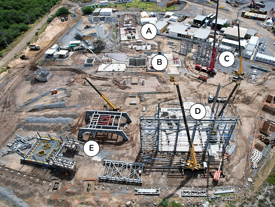 Surface infrastructure as of April 2023 at the Caraíba Operations' new external shaft, including (A) the stage winder foundation, (B) shaft collar, (C) center tower steel erection, (D) foundation and exterior steel frame for the permanent rock and personnel winders, and (E) headgear steel erection.