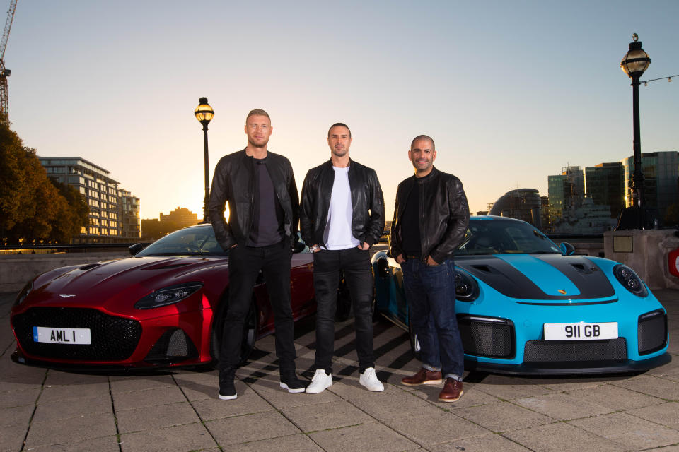 EDITORIAL USE ONLY (Left to right) Andrew 'Freddie' Flintoff, Paddy McGuinness and Chris Harris with an Aston Martin DBS Superleggera and a Porsche 911 GT2 RS at Billingsgate Market, London as they are revealed as BBC Top Gear's new presenting line-up, taking over the helm from Matt LeBlanc whose final series will air in early 2019 on BBC Two. 