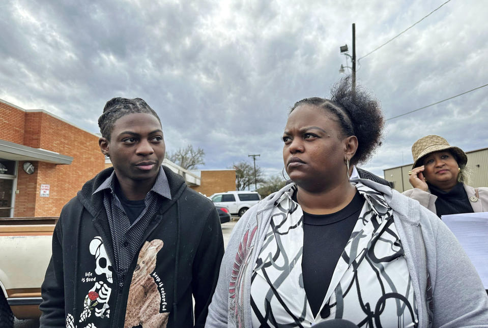 Darryl George and his mother, Darresha George, stand outside a courthouse in Anahuac, Texas, on Wednesday, Jan. 24, 2024.   (Juan A. Lozano  / AP file)