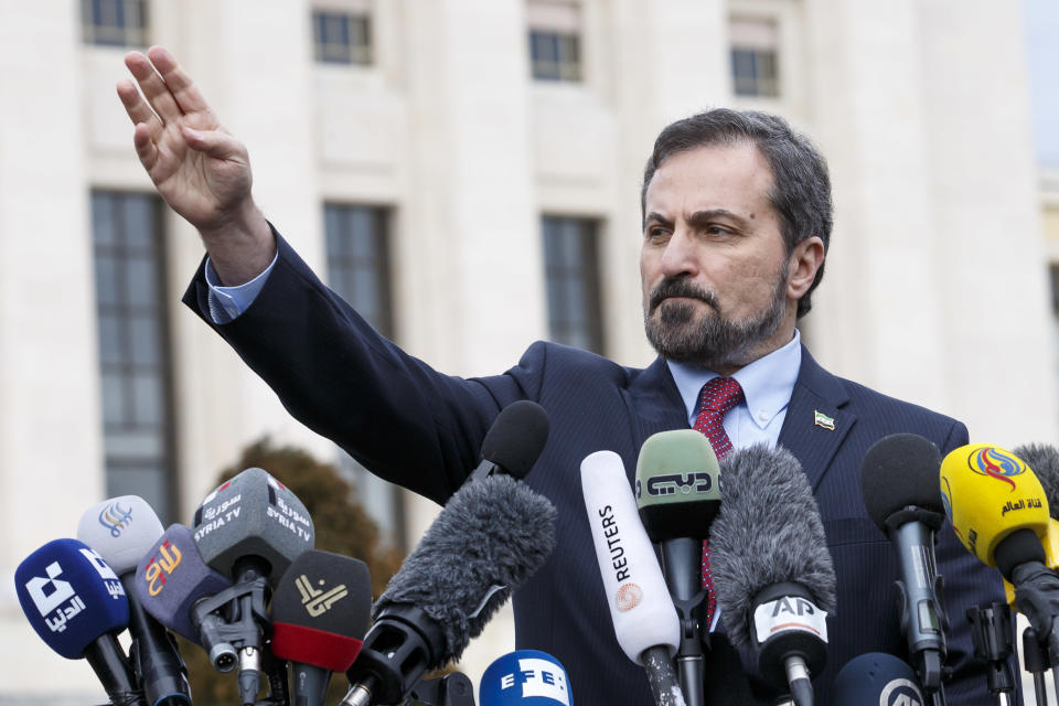 Louay Safi, spokesperson for the Syrian National Coalition, speaks to the media during a news conference after the second round of negotiations between the Syrian government and the opposition at the European headquarters of the United Nations, in Geneva, Switzerland, Saturday, Feb. 15, 2014. U.N.-Arab League mediator Lakhdar Brahimi ended direct talks between the Syrian government and opposition Saturday without finding a way of breaking the impasse in peace talks. Saturday's talks, which lasted less than half an hour, left the future of the negotiating process in doubt. (AP Photo/Keystone, Salvatore Di Nolfi)