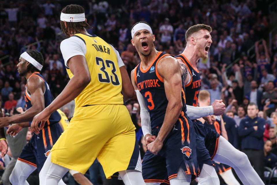 May 8, 2024; New York, New York, USA; New York Knicks guard Josh Hart (3) reacts after scoring in the fourth quarter against the Indiana Pacers during game two of the second round for the 2024 NBA playoffs at Madison Square Garden. Mandatory Credit: Wendell Cruz-USA TODAY Sports