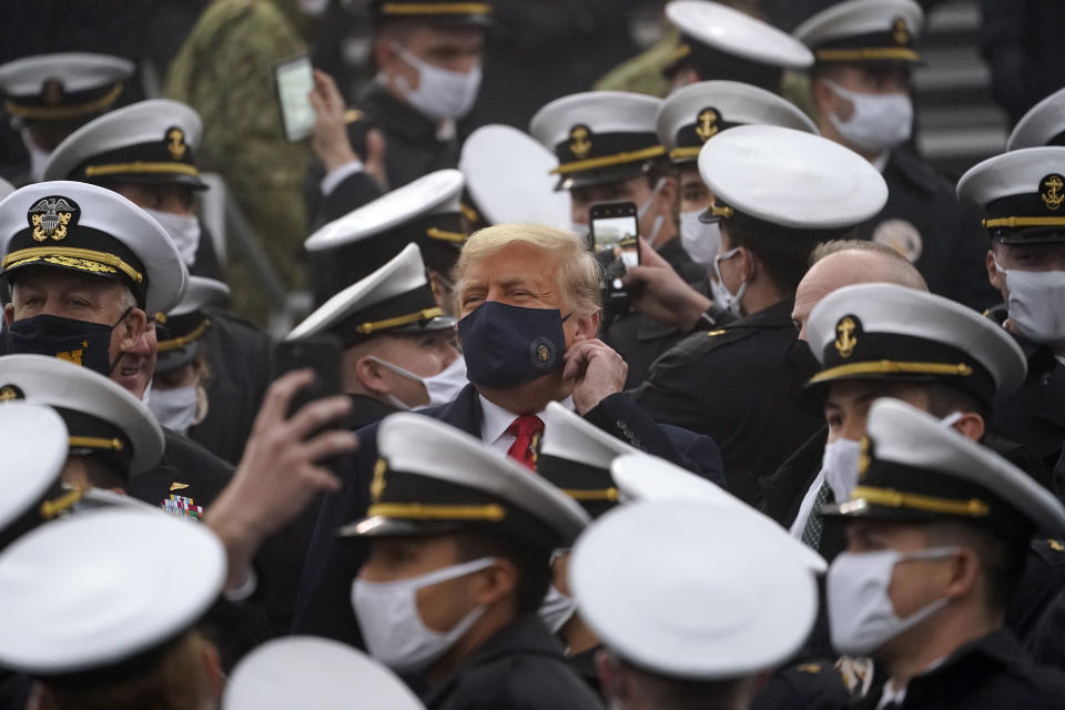 President Donald Trump attends the 121st Army-Navy Football Game in Michie Stadium at the United States Military Academy, Saturday, Dec. 12, 2020, in West Point, N.Y. (AP Photo/Andrew Harnik)