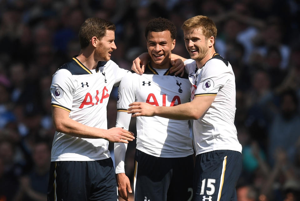 Dele Alli of Tottenham Hotspur celebrates scoring his sides first goal with Jan Vertonghen and Eric Dier 