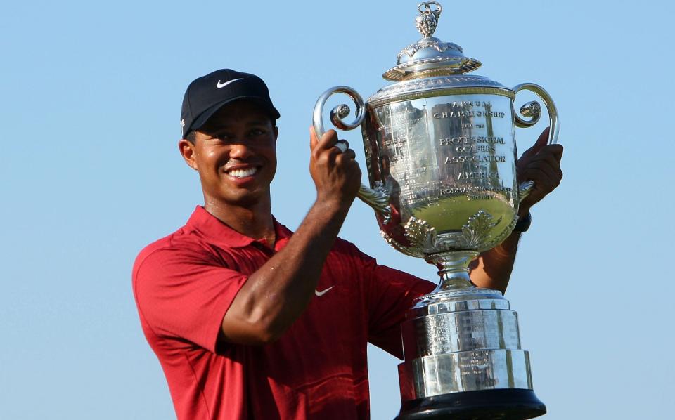 Tiger Woods holding aloft the Wanamaker Trophy the last time he won it in 2007 which was at this year's USPGA venue - Southern Hills - GETTY IMAGES