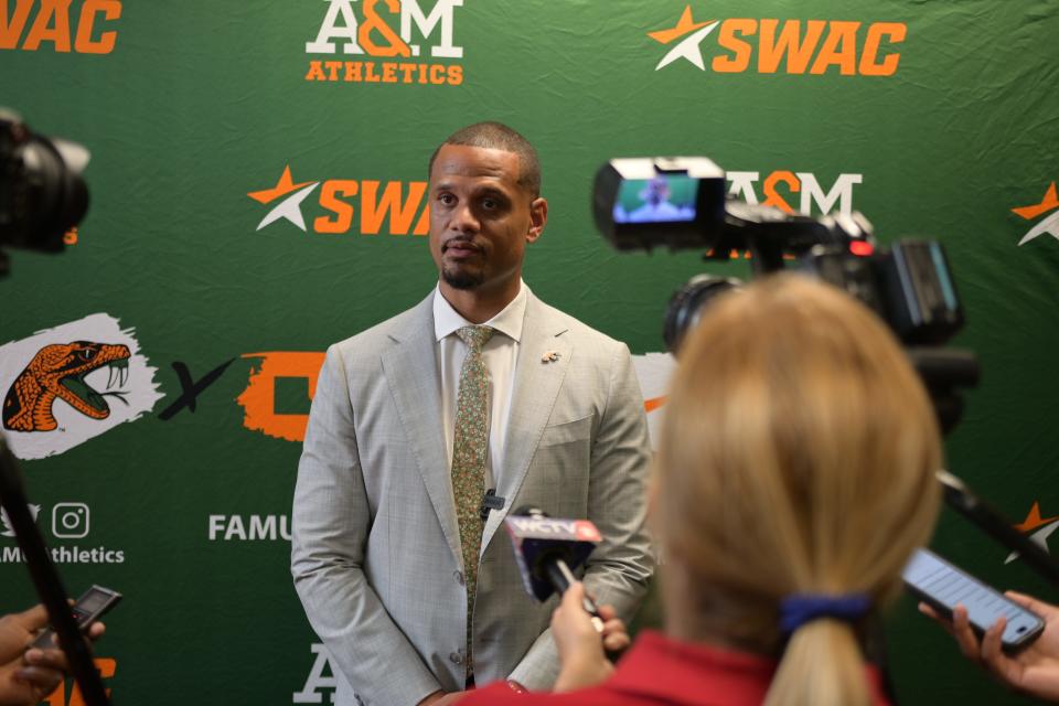 Florida A&M head men's basketball coach Patrick Crarey II addresses media for the first time after his introductory press conference at the Al Lawson Center in Tallahassee, Florida, Thursday, April 18, 2024. Crarey was hired away from St. Thomas University in Miami Gardens, Florida.