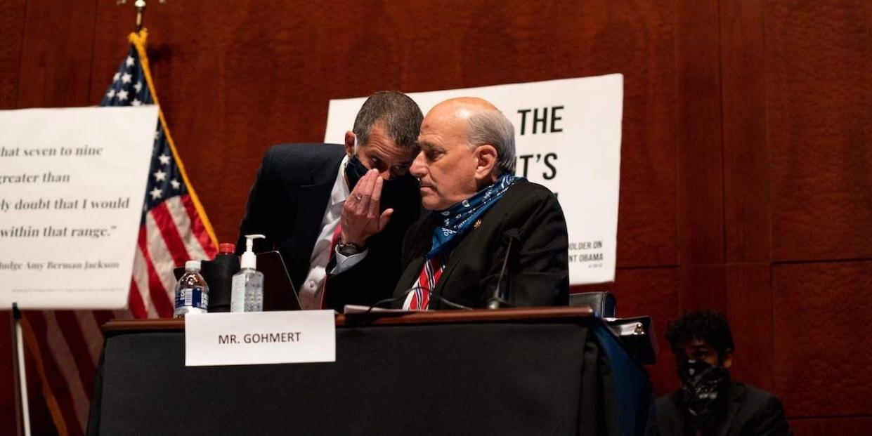 Rep. Louie Gohmert (R-TX) confers with Steve Castor, Republican staff attorney, during a House Judiciary committee hearing on June 24, 2020.