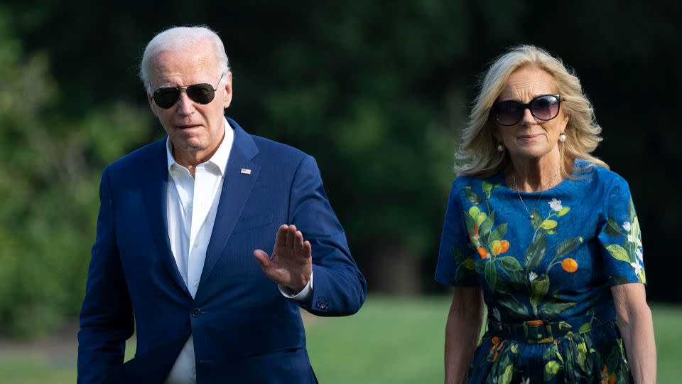 President Joe Biden and First Lady Jill Biden walk to the White House in Washington on July 7, as they return after attending campaign events in Pennsylvania. - Chris Kleponis/AFP/Getty Images