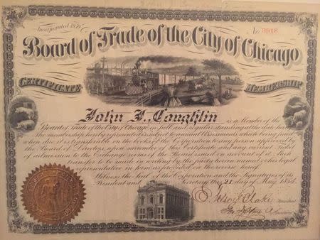 The Board of Trade of the City of Chicago certificate membership that belonged to James Burns' great-grandfather is pictured in this undated handout photo obtained by Reuters June 9, 2015. REUTERS/James Burns/Handout via Reuters