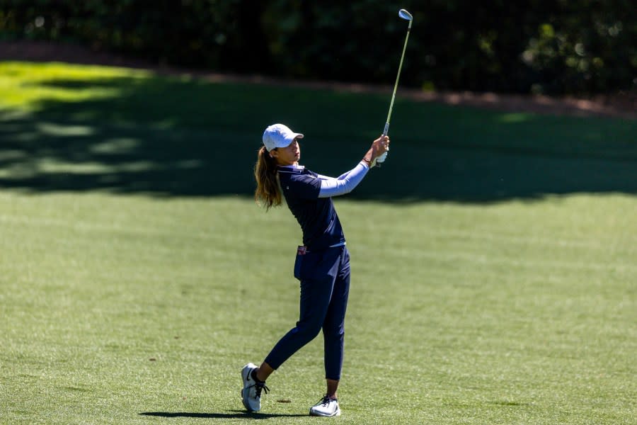 Eila Galitsky of Thailand plays a stroke from the fairway on the No. 11 hole during the final round of the Augusta National Women’s Amateur at Augusta National Golf Club, Saturday, April 6, 2024.