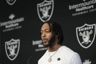 Las Vegas Raiders wide receiver Jakobi Meyers takes questions from reporters at an NFL football news conference Thursday, March 16, 2023, in Henderson, Nev. (AP Photo/John Locher)