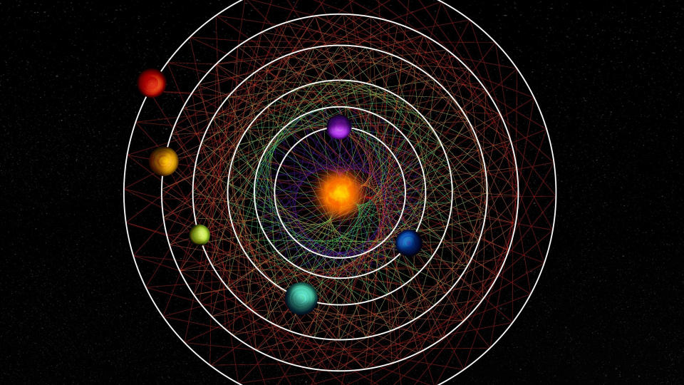 an orange star is orbited by six planets, each a different color. their orbits are outlined with white circles