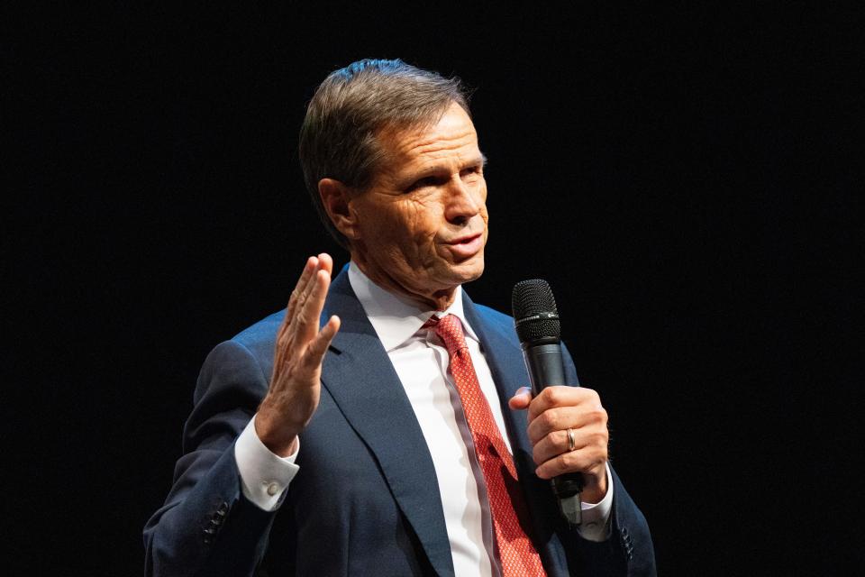 Brad Chambers, former state commerce secretary, speaks to the audience on Thursday, Jan. 25, 2024, during a First Principles Forum of Indiana Republican candidates for governor at Tarkington Theater in Carmel, Indiana.