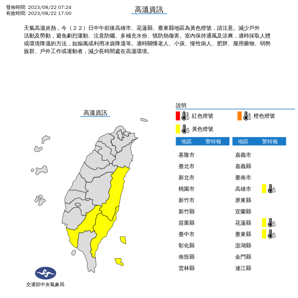 中央氣象局針對3縣市發布高溫特報。（圖取自中央氣象局網站）