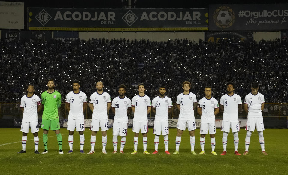 United States' starting players pose for a photo prior a qualifying soccer match against El Salvador for the FIFA World Cup Qatar 2022 at Cuscatlan stadium in San Salvador, El Salvador, Thursday, Sept. 2, 2021. (AP Photo/Moises Castillo)